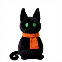 Peluche chat noir avec écharpe orange tricotée, peluche Kawaii assise pour Halloween, cadeau mignon pour décoration de fête