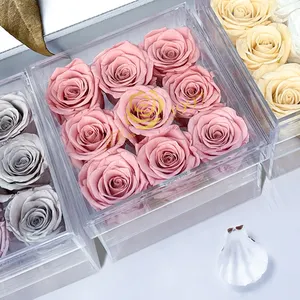 HFloral A Grade Preserved Roses In Acrylic Box Custom Preserved Flower In Acrylic Box High Quality Luxury Forever Roses Gift Box