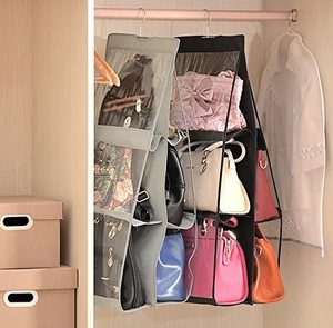 Hanging Handbag Organizer, Dust-Proof Storage Holder Bag Wardrobe Closet for Purse Clutch with 6 Larger Pockets <b>Black</b> - Product Image 3