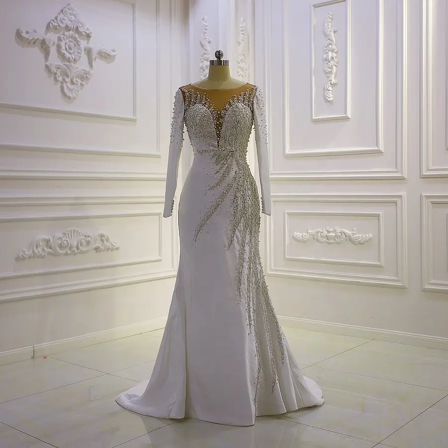 Wostu — robe De mariée élégante en Satin, manches longues, en dentelle, perlée, décontractée, formelle, bling-bling, Am936