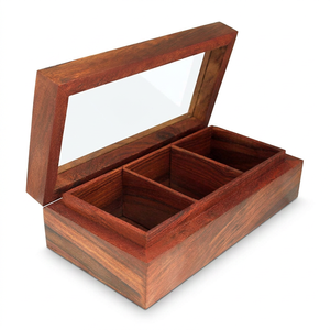 Handmade <b>Wooden</b> <b>Tea</b> <b>Box</b> Organizer with Glass Lid | 3 Compartment Sheesham Rosewood Storage <b>Box</b> for <b>Tea</b> Bags Spices Coffee - Product Image 1