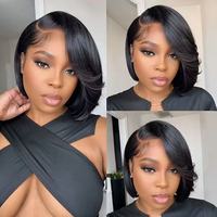 Perruque Courte Pixie en Cheveux Humains Pas Chère, Perruque Frontale avec Fermeture en Dentelle, Sans Colle, Marron avec Mèches Noires Naturelles pour Femmes
