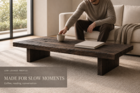 Table basse Wabi-sabi patinée en bois massif récupéré, table centrale rustique pour salon, finition texturée naturelle pour importateurs