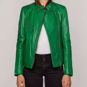 Womens Real Green <b>Leather</b> Biker <b>Jacket</b> Asymmetric Zip Stand Collar Sheepskin Coat Zipper Pockets Slim Fit Custom Outwear Look - Product Image 1
