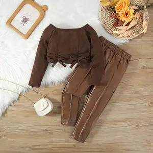 Kid Clothing Girl Long Sleeved Ruffle Brown Crop Top Shirt + Pu Leather Pants 2 pcs Fashion Outfit set 2-6 Years