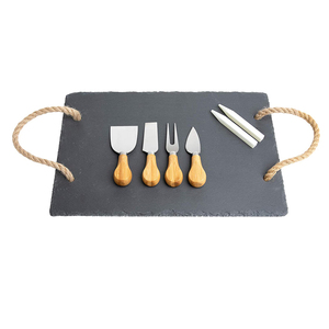 Tablero para servir <span class=keywords><strong>queso</strong></span> y carne de 10 pulgadas x 15 pulgadas, juego de tablero para <span class=keywords><strong>queso</strong></span> y cuchillos de pizarra, cuchillos de 4 piezas, tiza de esteatita de 2 piezas - Product Image 1