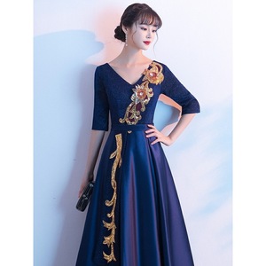 Women's Choral Dress Navy Blue V-Neck A-Line Embroidery Long Performance Attire - Product Image 4