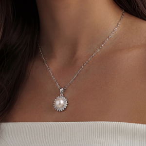 <b>Copper</b> Sunburst Double CZ Halo Freshwater Pearl Pendant Necklace Radiant Sun Cluster Bridal Jewelry for Women - Product Image 4