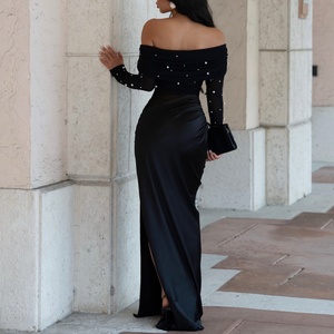 Robe longue noire en maille à épaules dénudées avec perles, nouveau style 2026 pour femme, idéale pour les soirées - Product Image 2