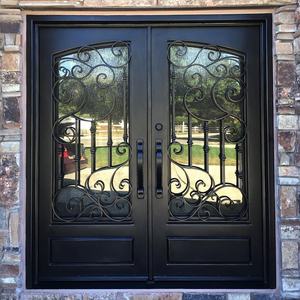 مشروع الولايات المتحدة الأمريكية أبواب أمامية من الحديد المطاوع داخلية وخارجية مزدوجة سوداء مربعة الشكل للأمان بتصميم زجاجي - Product Image 3