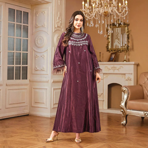 Abaya Brillante <span class=keywords><strong>de</strong></span> Satén Hecha a Mano con Pedrería para Mujer, Decoración <span class=keywords><strong>de</strong></span> Plumas en los Puños, Manga Larga Holgada, Vestido Maxi <span class=keywords><strong>de</strong></span> Lujo para Fiesta Musulmana - Product Image 4