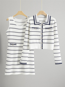 Ensemble deux pièces élégant en tricot rayé pour <span class=keywords><strong>femme</strong></span>, cardigan à col <span class=keywords><strong>marin</strong></span>, robe moulante sans manches, tenue décontractée pour tous les jours - Product Image 1
