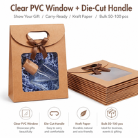 Sac cadeau en papier kraft écologique avec fenêtre, personnalisable avec logo, poignée découpée en forme de cœur, ruban et nœud, idéal pour les fêtes - Vente en gros