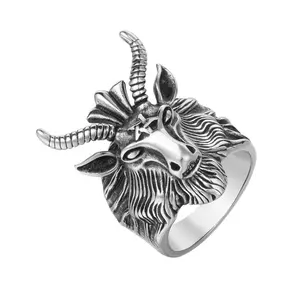 Venta al por mayor de fundición personalizada hombres y niños estilo Punk anillos de animales de acero inoxidable Aries 12 anillo de cabeza de oveja del zodiaco