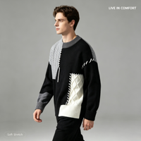 Pull en tricot torsadé patchwork pour homme, col rond, doux, chaud, décontracté, pour l'automne et l'hiver