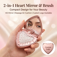 Cermin Rias Genggam 2-in-1 Warna Rose Gold, Sisir Ujung Bola Pijat Berbentuk Hati dengan Gantungan Kunci untuk Wanita, Logo Kustom Grosir
