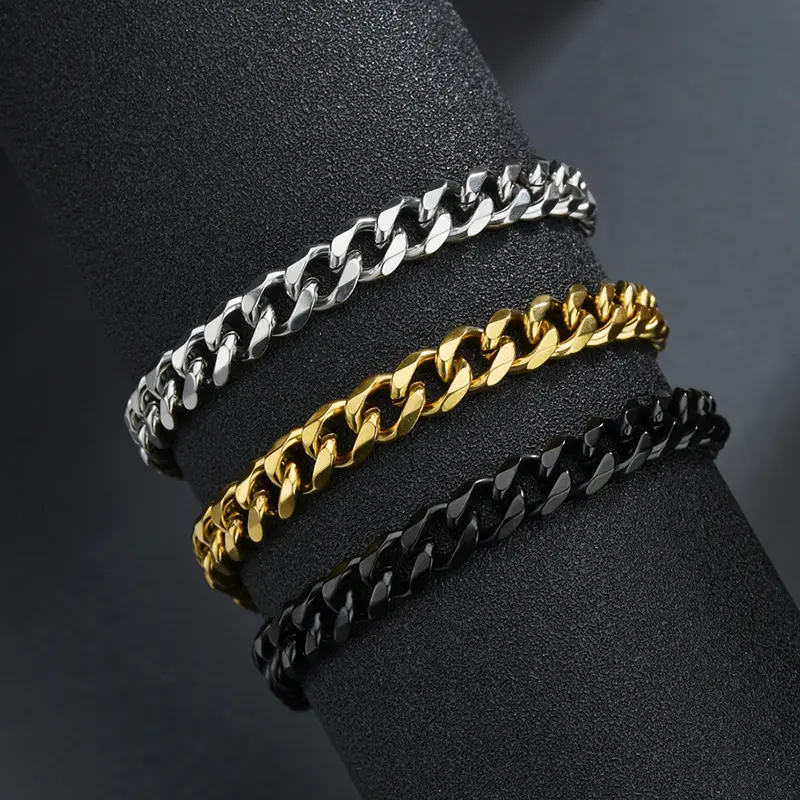 Hiphop Stainless Steel Fashion Jewelry Six sided Grinding Cuban Chain Simple Titanium Men Bracelet