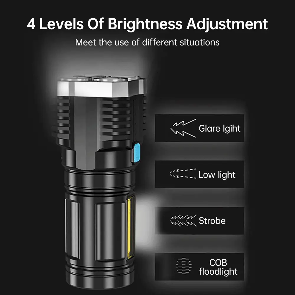 Super Bright 4led lampe de poche rechargeable cob côté lumière multifonctionnelle forte lumière lampe de poche extérieure LED lampe de poche portable