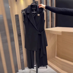 Completo da <span class=keywords><strong>donna</strong></span> elegante a tinta unita con top senza maniche a collo risvoltato e <span class=keywords><strong>pantaloni</strong></span> lunghi, set slim da 2 pezzi per feste e occasioni speciali - Product Image 2