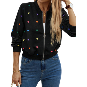 Women's Heart Print Bomber <b>Jacket</b> Casual <b>Zip</b>-<b>Up</b> Long Sleeve Lightweight Windproof Shearling Lining Ribbed Cuff Neck Winter - Product Image 1