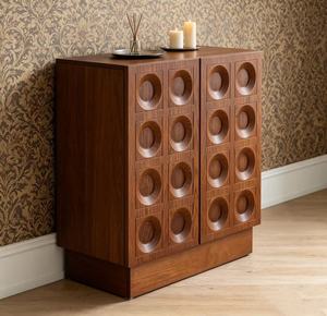 Mid Century Modern Solid Wood Extendable Living Room Cabinet 2-Door <b>Circular</b> Carved Design Modular Adjustable <b>Shelves</b> Large - Product Image 2