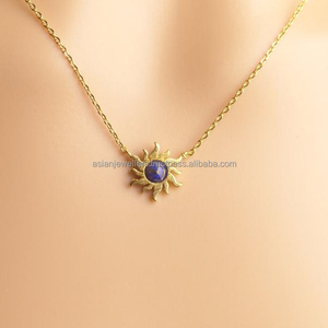 Collier soleil en argent sterling 925 avec pierres précieuses lapis-lazuli Pendentif plaqué or - Product Image 1