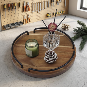 Plateau de service rond en bois et marbre blanc de style moderne avec poignée, design minimaliste jetable - Product Image 3