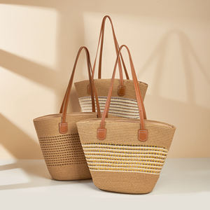 Luxury Women's Summer <strong>Beach</strong> Rattan Shoulder <strong>Bag</strong> Woven <strong>Straw</strong> Striped Zipper Tote <strong>Bag</strong> Large Capacity Woven <strong>Bag</strong> - Product Image 1