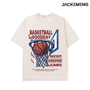 Camiseta Oversize Clásica con Estampado de Baloncesto Azul + Balón <span class=keywords><strong>Naranja</strong></span>, Eslogan Marrón en el Lado Derecho, Diseño Escalonado NICE/KEEPER/JUMPS en la Parte Inferior - Product Image 6