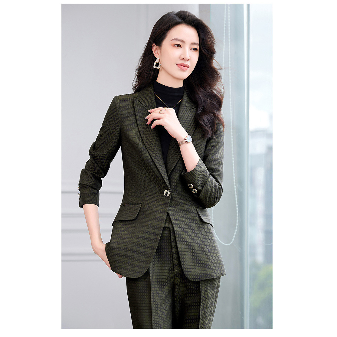 Army green suit with flared trousers