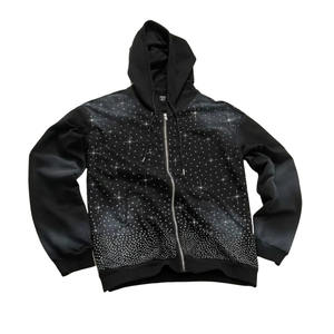 ผู้ผลิต OEM เสื้อฮู้ดดี้แฟชั่นประดับเพชรน้ำหนักมาก ออกแบบเองได้ ซิปหน้า ผ้าฝ้ายผสม สำหรับฤดูหนาว - Product Image 1