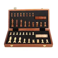 Handmade Folding Wooden Magnetic Chess Board Set with Extra 2 Queens for Chessmen