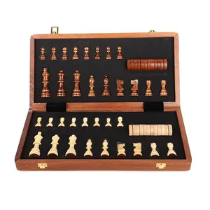 Handmade Folding Wooden Magnetic Chess Board Set with Extra 2 Queens for Chessmen