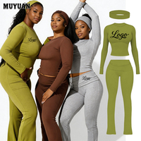 Ensemble de vêtements de détente en tricot pour femmes avec logo personnalisé, haut à manches longues et pantalon évasé, tissu en tricot doux et agréable pour la peau, coton et élasthanne, automne