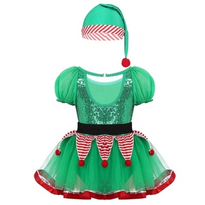 Kids Girls Christmas Elf Dress Fairy Spirit Costume <strong>Outfit</strong> Short Puff Sleeves Sequined Mesh Tutu Leotard Dress With Hat - Product Image 2
