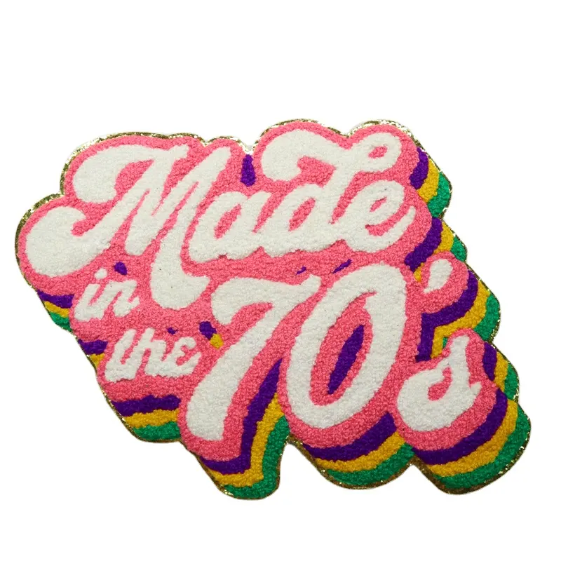 Emblema de letras bordadas personalizadas para roupas, logotipo feito nos anos 70/80, em ferro e corte a laser, em lenços de chenille
