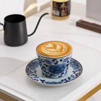 Ensemble tasse et soucoupe à café MSH, style luxe léger, bleu et blanc, lotus et vigne, pour le bureau