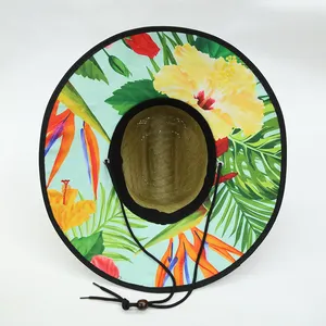 Lifeguard Straw Hats Custom Patch Logo Straw Hat Printed Beach Surfing Natural Grass Wide Brim Sun Lifeguard Straw Hat