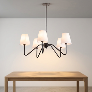Lámpara de araña de hierro negro de 5 luces con pantallas de tela tipo campana, bombilla LED E27, 2700K, blanco cálido, para sala de estar - Product Image 2