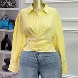 4606 Camicetta Trendy Primaverile con Collo Rovesciato, Stampa a Righe, Manica Lunga, Stile Streetwear, Blusa Unica con Dettaglio Incrociato, Camicia Casual da Donna - Product Image 1