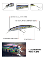 Leurre dur Minnow 3D holographique laser 110mm 27g à bavure longue, action vibrante, appât bionique pour la pêche aux poissons prédateurs
