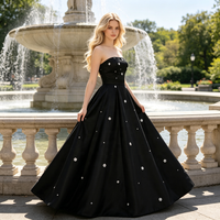 Robe de gala, robe de soirée à paillettes, robe de soirée sans manches en satin noir longue jusqu'au sol avec des perles florales
