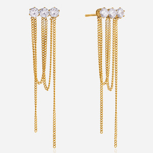 Drop <b>Earrings</b> With White Round Zircon And Chain <b>Tassel</b> For Party Women Stainless Steel Prong Setting Jewelry - Product Image 1