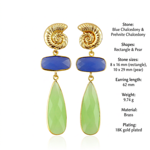 Boucles d'oreilles de luxe en calcédoine bleue et calcédoine préhnite, pendantes, en laiton plaqué or 18 carats, forme coquille d'escargot - Product Image 1