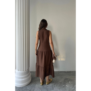 VESTIDO DE MUSLINA SIN MANGAS CON BOTONES EN LA PARTE DELANTERA, COLOR MARRÓN MEDIO, VESTIDO DE TRABAJO - Product Image 1