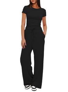 Setelan Santai Wanita XS-2XL 2-Potong Atasan Lengan Pendek Berkerut & Celana Panjang Lebar Berpinggang Tinggi Setelan Olahraga Kasual Polos - Product Image 5
