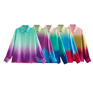 PB&ZA Women 2023 spring New Fashion Tie-dye printing Blouses Vintage Long Sleeve Button-up Female Shirts Chic Tops