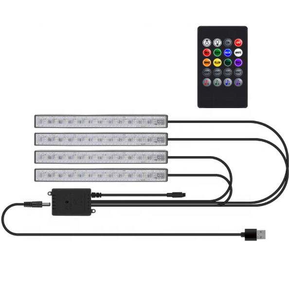 Automotive Led Lights Interior Ambient Foot Lamp 4Pcs 48 Led RGB Strip USB Port Phone APP DIY Colors Decorative Light Bar