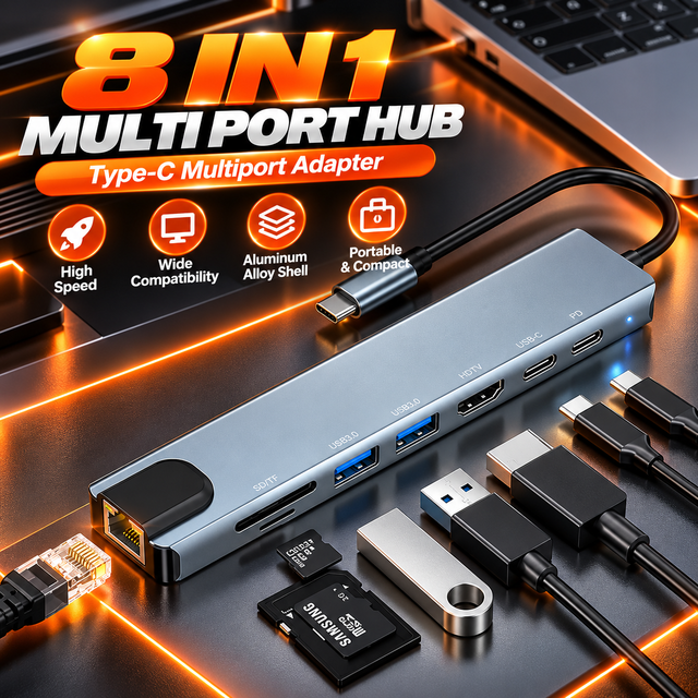 Xput 8 in 1 Multiport USB C USB-C Hub Type C 3.1 to USB 3.0 4K HD HDMI HDTV RJ45 Lan Ethernet Multi-function Adapter Hub Dock