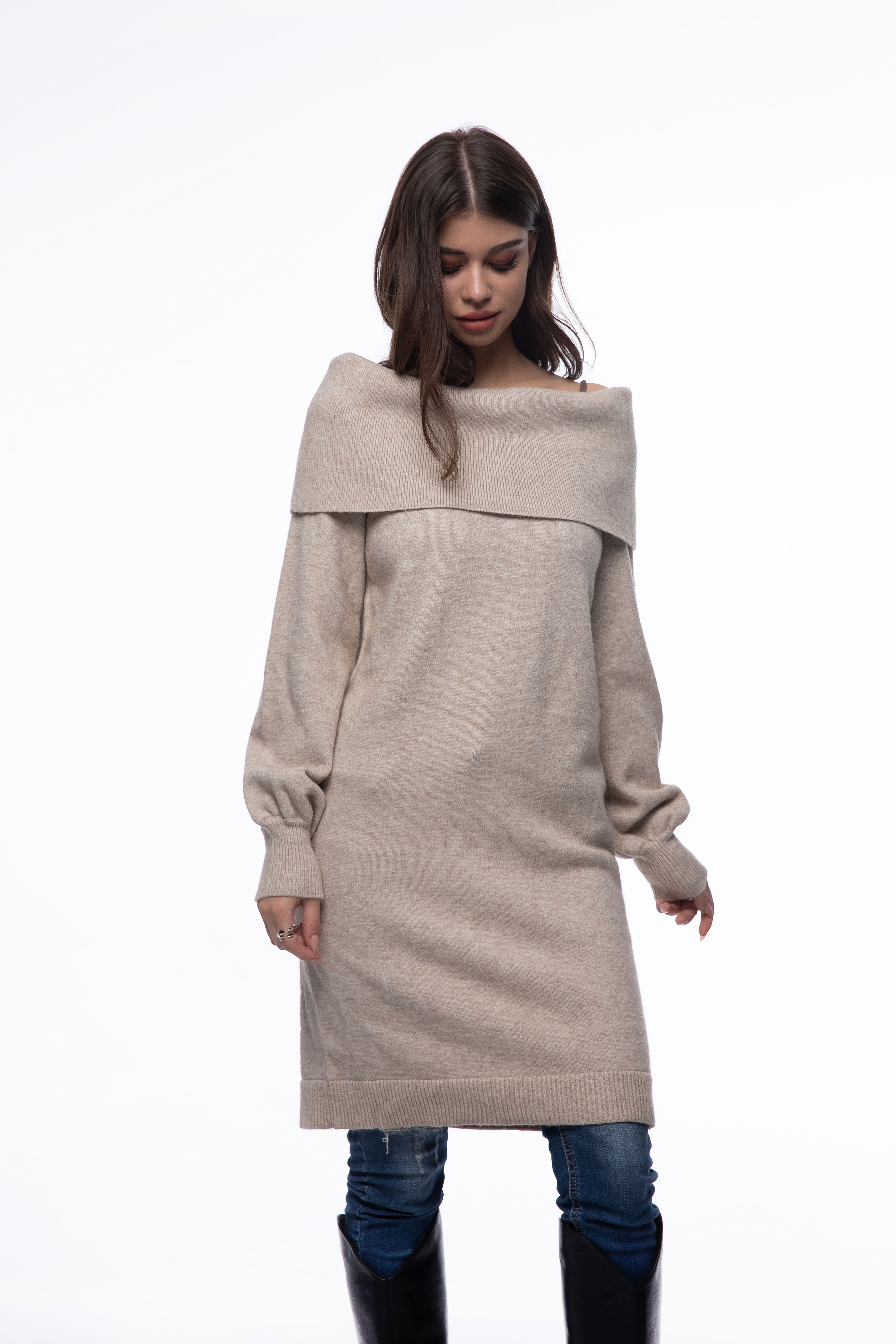 顶级时尚新款式双层船领长针织毛衣连衣裙女装